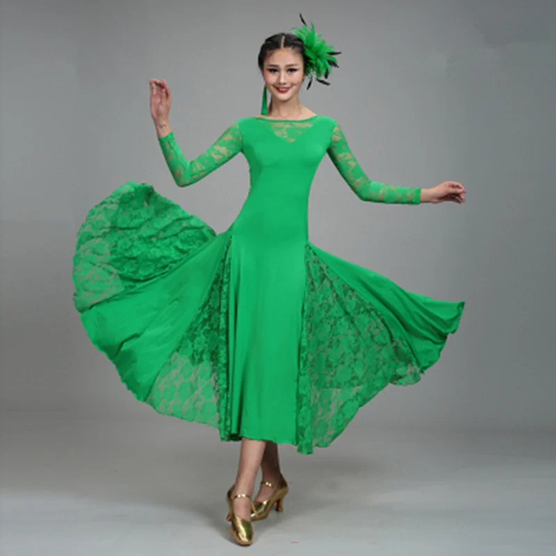 Sexy Lace Mesh Long Sleeve Ballroom Dance Costume Clothes Women Standard Ballroom Dancing Dresses