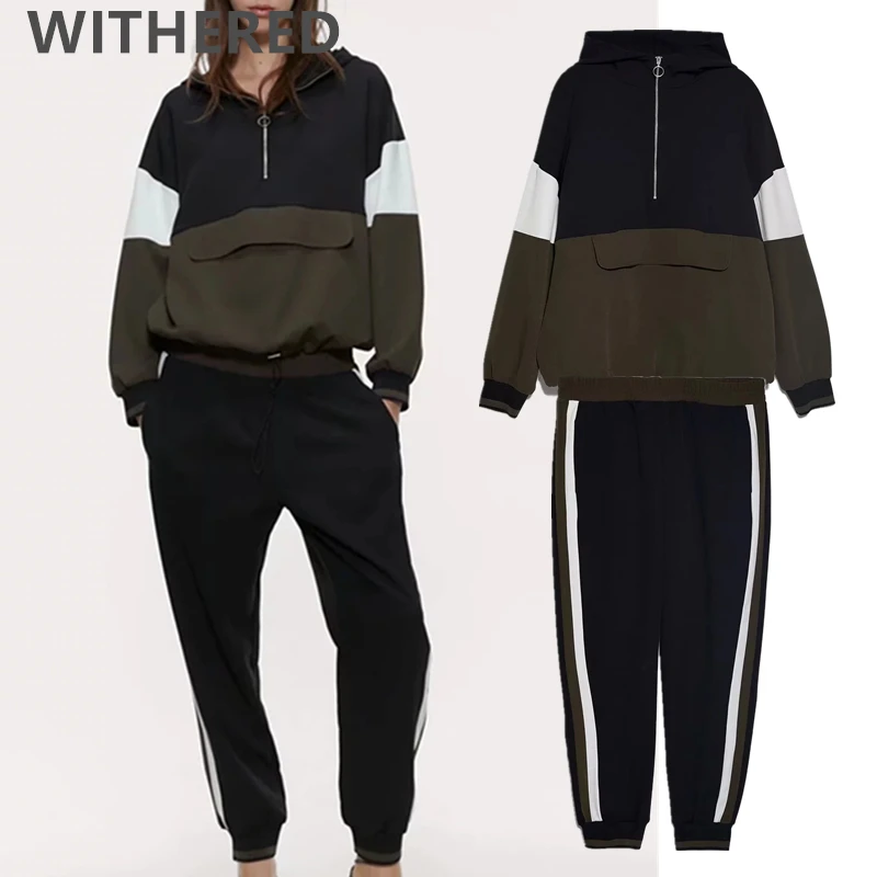 

Withered 2020 spring england vintage kangaroo hoodies sweatshirt hogger pants two piece set conjuntos de mujer tracksuit women