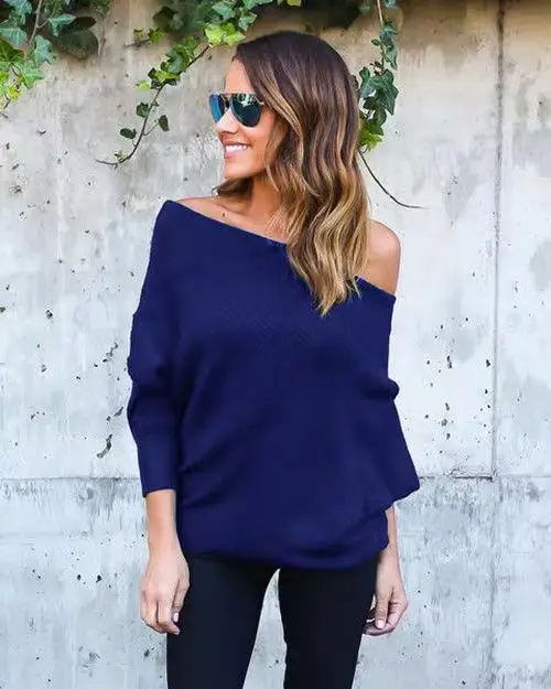 Women Sexy Slash Neck Solid Knit Sweater Elasticity Autumn Winter Knitted Long-sleeved solid sweater Loose Cotton Tops Pullovers