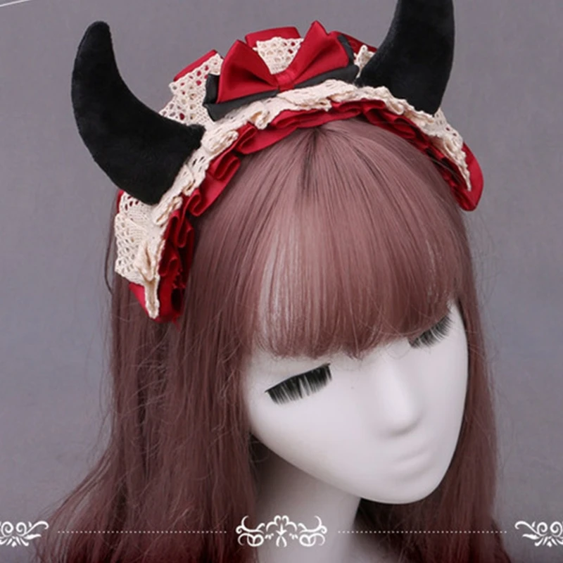 Red and Black Lace Devil Horns on Headband One Size Fits Most 