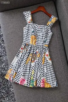 

Fashion Runway Summer Hot Sale Dress Women Square Collar Plaid Print Sexy Party Mini Empire White Dresses Vestdios
