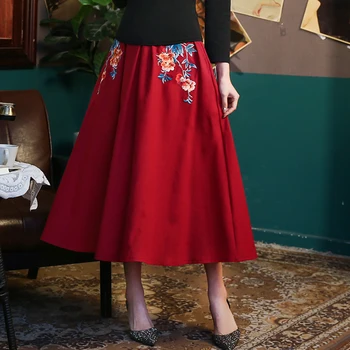 

KYQIAO BRAND long skirts womens autumn spring Mexico style long red black navy blue a-line midi skirt