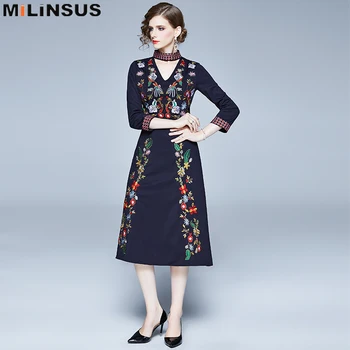 

2019 Autumn Winter High waist Women Dress Embroidered flowers Vintage Mid-long elegant Female dresses Slim party night vestidos