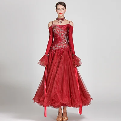 wine red Новое бальное платье для соревнований, высококачественное Сексуальное Женское Платье для танго вальса, платье для танцев, стандартное бальное платье - Цвет: wine red