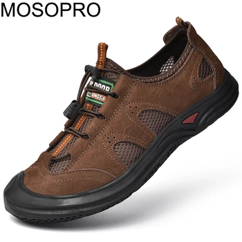

MOSOPRO Men Walking Shoes Outdoor Sneakers Genuine Leather Shoes Men's Flats Mesh Breathable Shoes Male Sport Sneakers FJT49