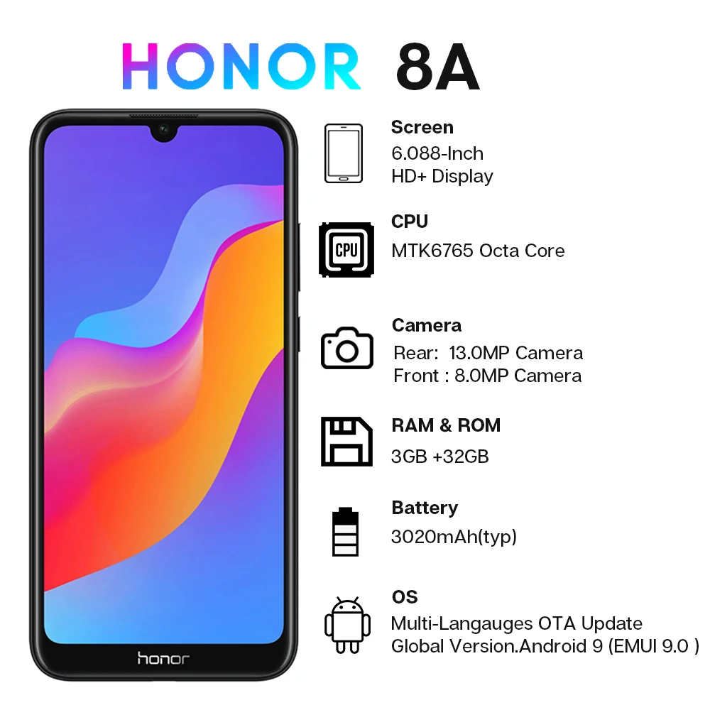  Global Version Honor 8A Smartphone 6.09 inch MT6765 Octa Core Mobile Phone Android 9.0 Face Unlock 