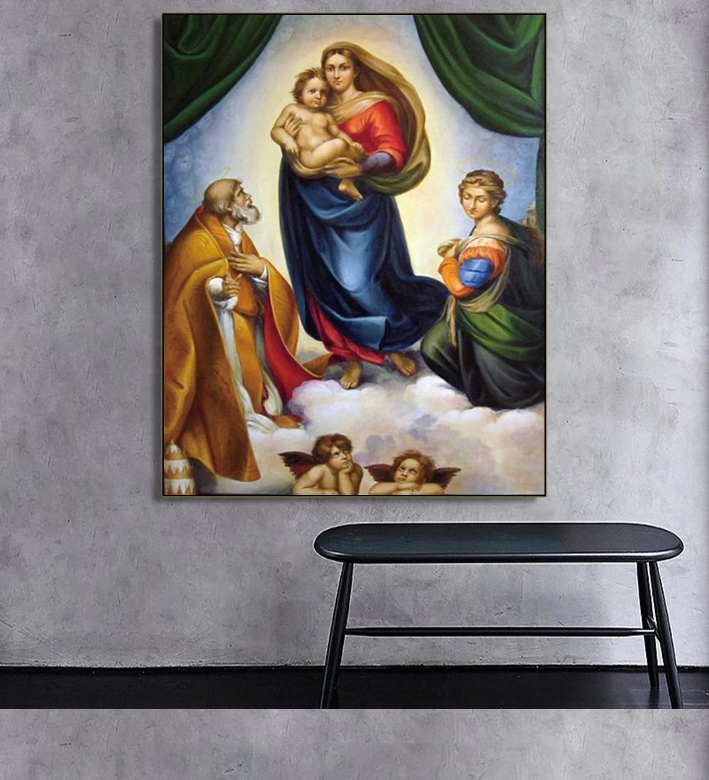 

Sistine Madonna by Raphael Sanzio Vintage Painting on Canvas Classic Retro Posters and Prints Wall Art Picture Home Decoration