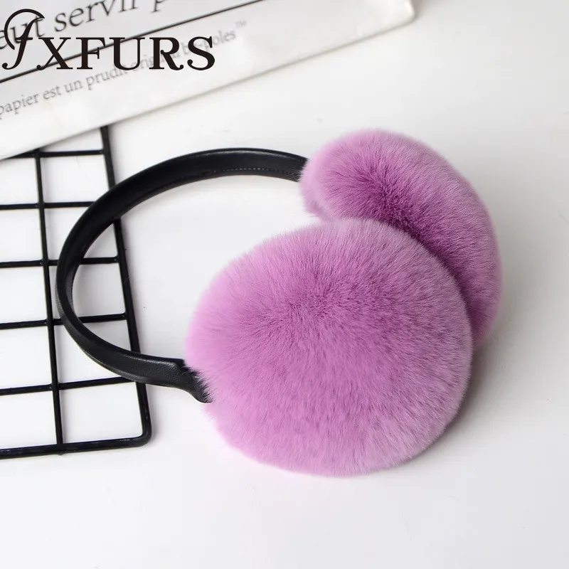 light purple FXFURS/ женские модные меховые наушники с кроликом Рекс, с кожаной полкой, зимние теплые меховые наушники для девочек, меховые наушники - Цвет: light purple