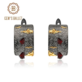 

GEM'S BALLET 925 Sterling Silver Clip Earrings Handmade Clouds Sea Swallows Natural Red Garnet Earrings for Women Art Jewelry