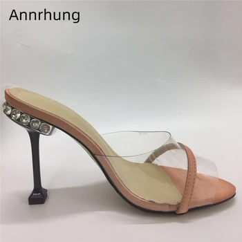 

Transparent PVC Satin Patchwork One-strap Mules Sexy Jeweled Rhinestone Goblet Heel High Heel Slippers Women