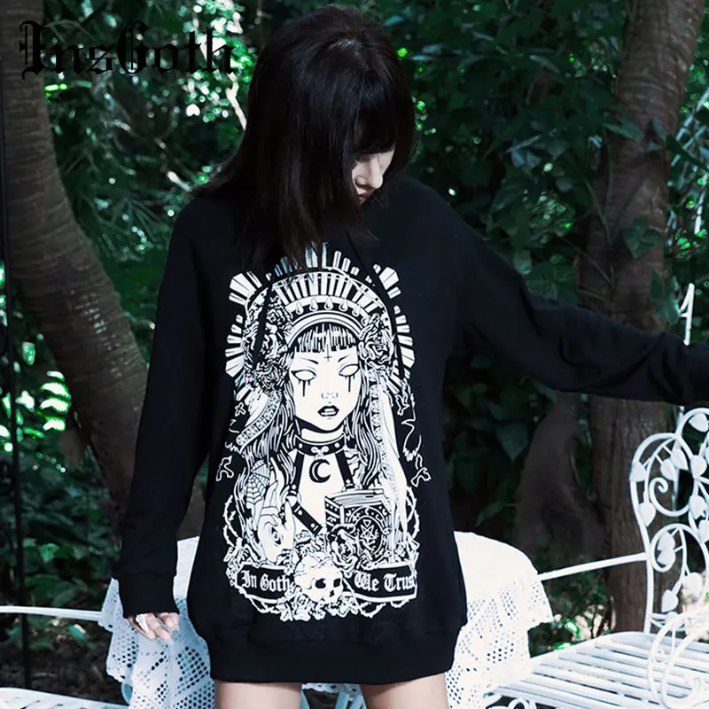 

InsGoth Women Long Hoodies Gothic Punk Witch Print Black Hoodie Sweatshirt Loose Streetwear Female Casual Hooded Pullover Autumn