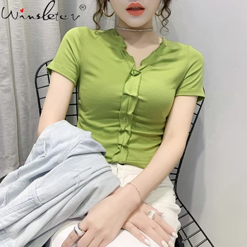 

Summer Cotton Ruffles Women Tshirt Korean Style Slim Casual Shirt V-Neck Tops Friends Mujer Camisetas Short Sleeve Tees T07708