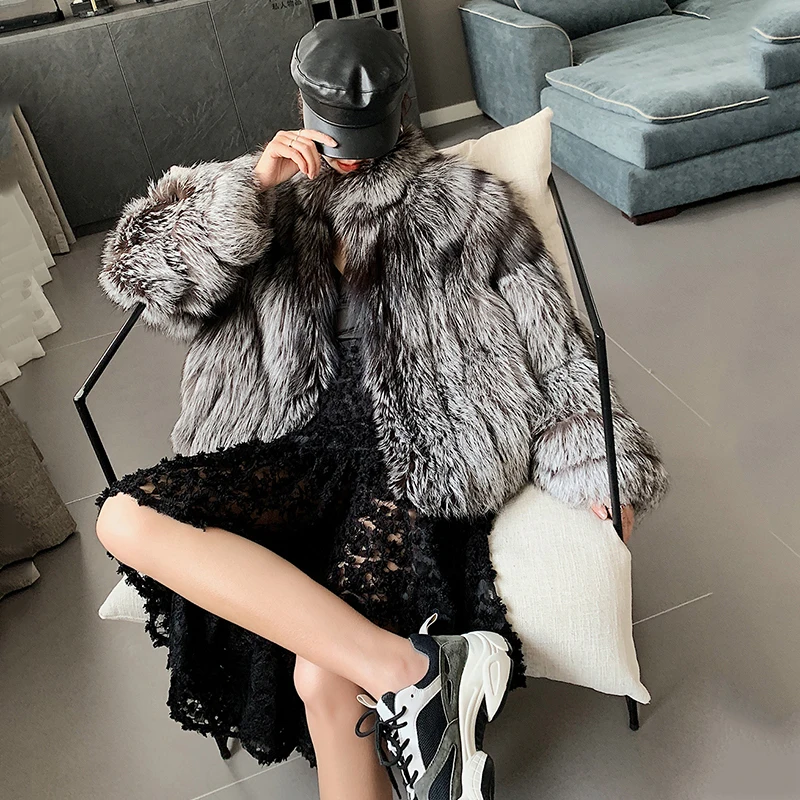Ftangaiur Winter Import Sliver Fox Fur Coat New Women's O-Neck Solid Weave Loss Fox Coats Medium Natural Real Fox Fur Coats