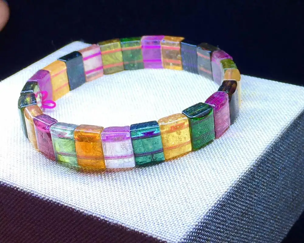 

Natural Colorful Rainbow Tourmaline Clear Rectangle Beads Bangle Bracelet 10mm Women Men Love Gift Crystal Jewelry AAAAA