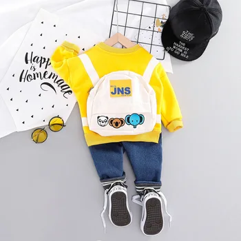 

Toddler Cartoon Baby Boy Outfit Thicken Flannel Hoodie Furry Backpack+Jeans 2PCS Newborn Set Infant Cotton Velvet Warm Boys Suit