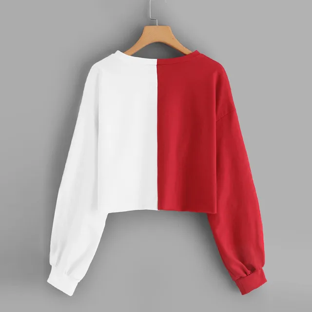 Black and White Stitching Cropped Womens Solid Long Sleeve Splice Sweatshirt Short Pullover Hooded Women Tops Streetwear 5