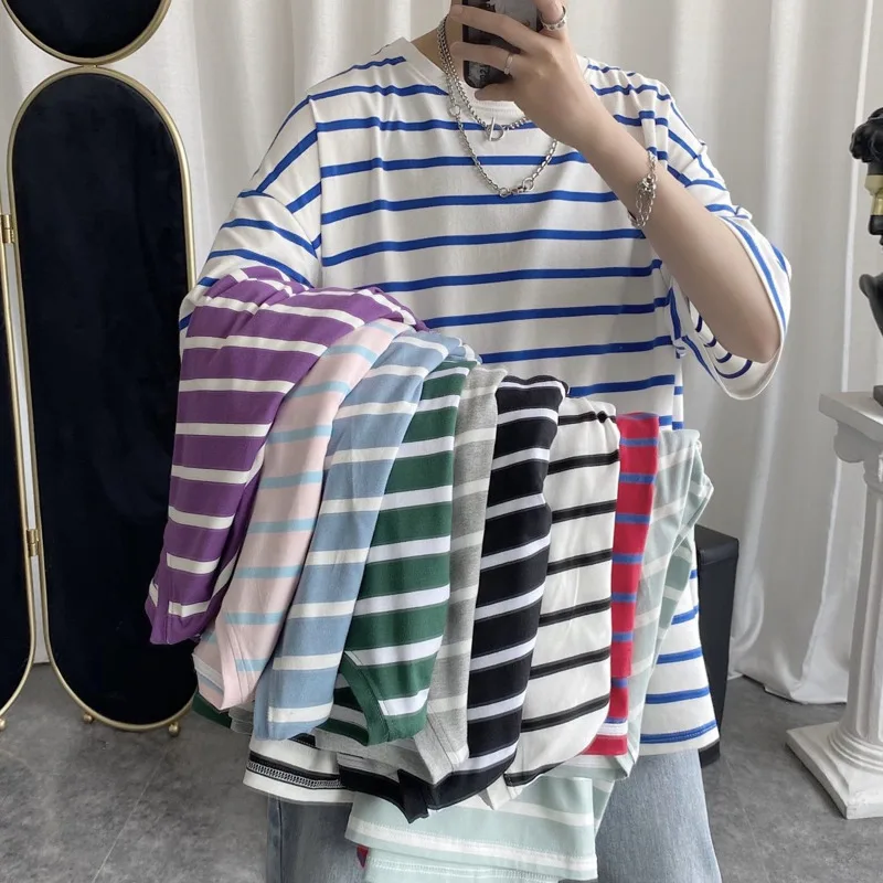 

Summer Striped T Shirt Men's Fashion Contrast Color Casual Loose Cotton T-shirt Men Streetwear Short-sleeved Tshirt Mens S-2XL