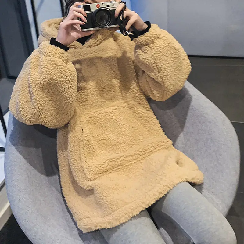 yellow khaki hoodies Новинка, осенне-зимний пуловер, женские толстовки, теплые шерстяные худи из овечьей шерсти, Женская Длинная толстовка HK258 - Цвет: yellow khaki hoodies