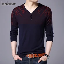 Новинка, модные брендовые мужские свитера, пуловеры с v-образным вырезом, Облегающие джемперы, вязаные узоры, осенняя повседневная мужская одежда в Корейском стиле