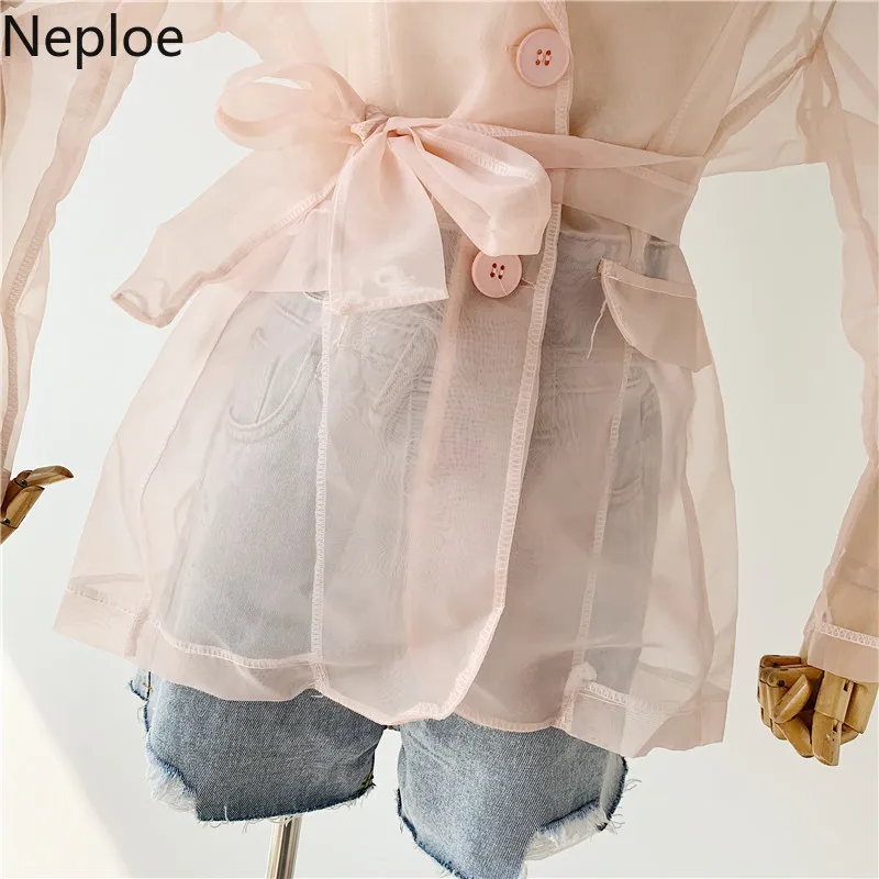 Neploe Сексуальная перспективная блузка с бантом из органзы тонкая талия открытая спина Blusas Модная рубашка в стиле пэчворк осень 45786
