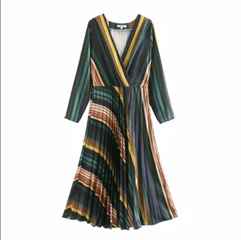 

Women Stylish Striped Midi Dress V Neck Long Sleeve Side Zipper Female Retro Mid Calf Pleated Dresses Vestidos