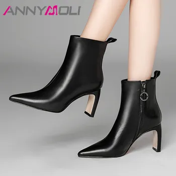 

ANNYMOLI Winter Ankle Boots Women Natural Genuine Leather Thick High Heel Short Boots Zipper Pointed Toe Shoes Female Size 34-39