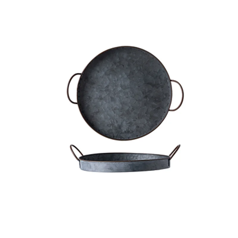 European Retro Round Iron Plate Handles Metal Vintage Bread Tray Home Decoration Garden Restaurant Table Photographing iron bread tray