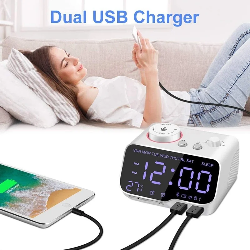 

Bluetooth Speaker Battery Backup Clock with Dimmer FM Radio Snooze 2 USB Charging Ports Thermometer