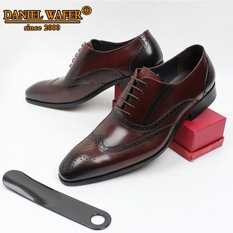 

High Quality Genuine Leather Shoes Men Lace Up Wing Tip Burgundy Wedding Business Brogue Formal Shoes Men Oxfords Shoes For Men