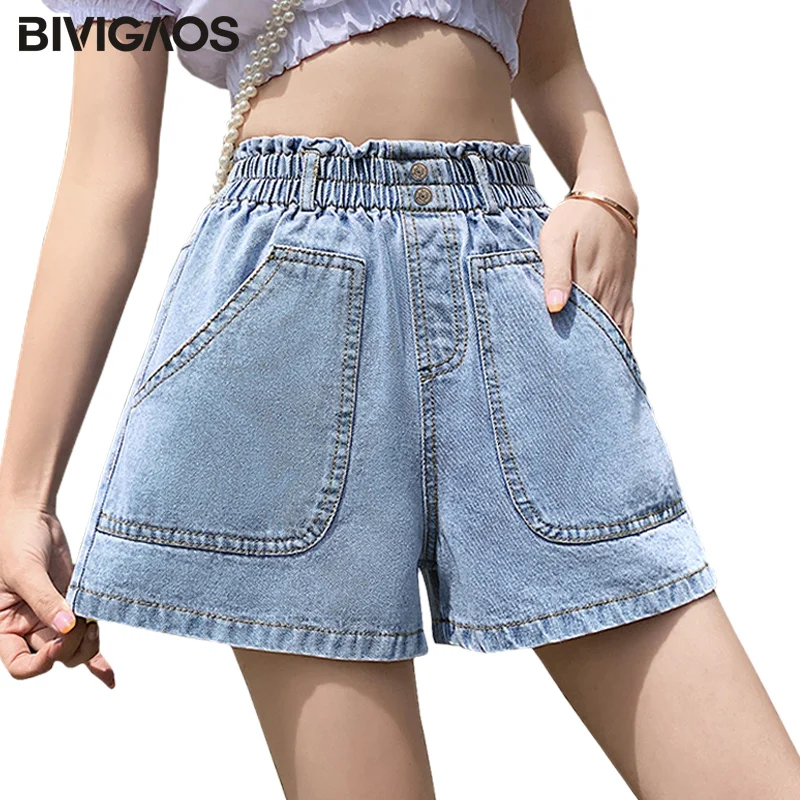 BIVIGAOS Summer New Women Wide Leg Jeans Shorts Summer Big Pocket Denim Shorts Ladies Loose Casual High Waist Shorts Jeans Women