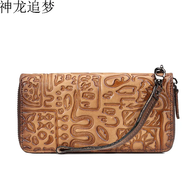 

Retro oracle bone clutch bag Cowhide leather long clutch purse the first layer leather man wallet European women leather wallet