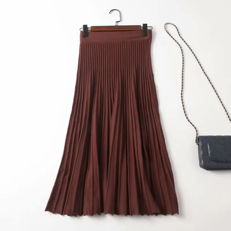 Осенне-зимняя Гибкая эластичная плиссированная юбка миди с высокой талией, теплая трикотажная юбка для женщин, женские юбки saia saias - Цвет: 5