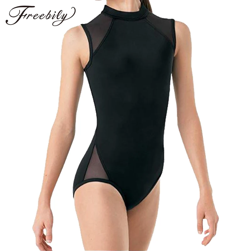 

Kids Girls Sleeveless Mock Neck Mesh Splice Back Zipper Closure Ballet Dance Gymnastics Leotard Jumpsuit