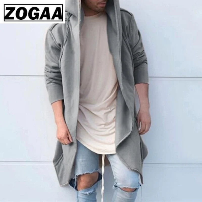 ZOGAA, длинная однотонная ветровка с капюшоном, модные повседневные мужские пальто с открытой строчкой, мужские пальто и куртки, 3 цвета, большие размеры, S-3XL