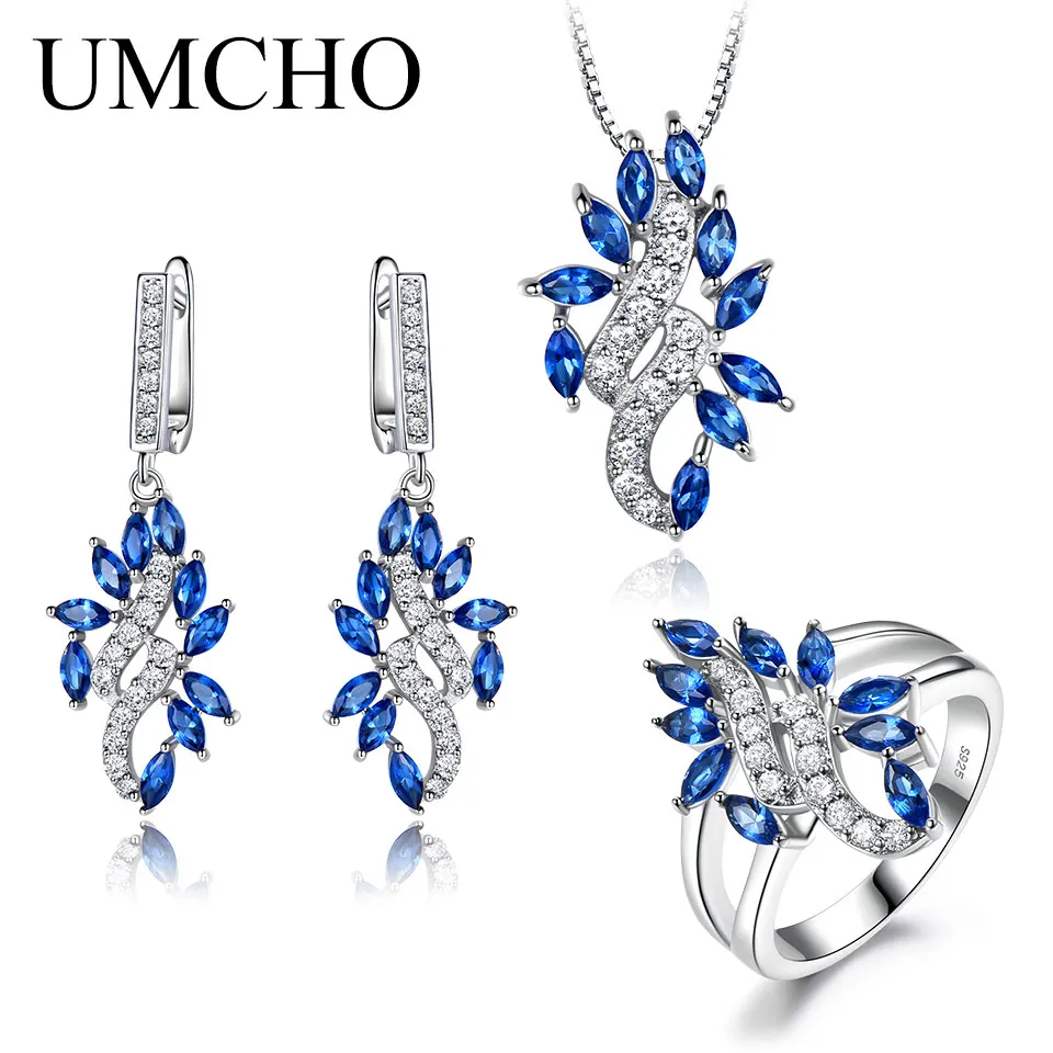 

UMCHO 925 Sterling Silver Jewelry Set for Women Blue Sapphire Gemstone Ring Pendant Drop Earring Engagement Jewelry