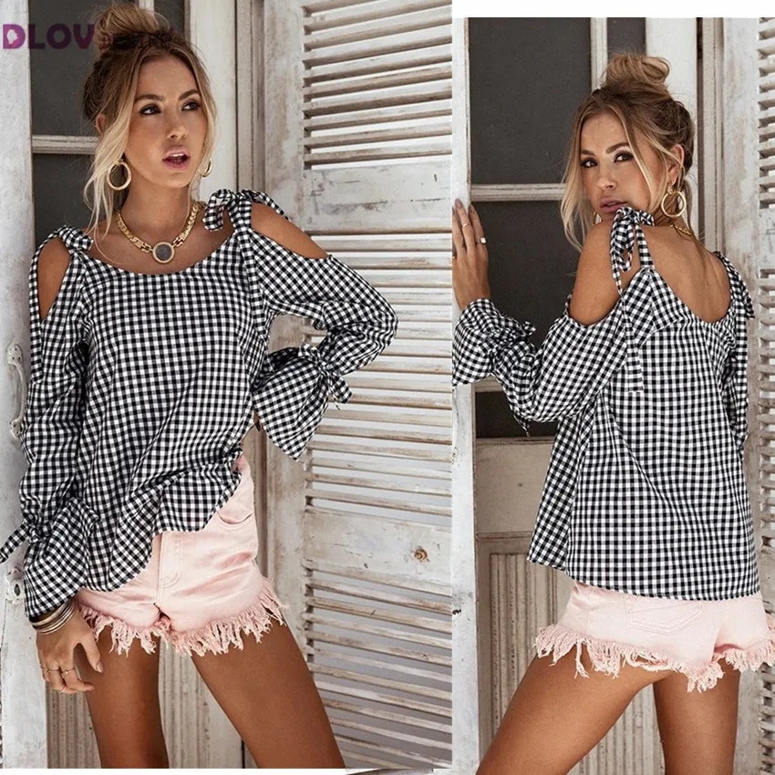 

2020 Fashion Shirts Women Off Shoulder Long Sleeve Pullover Casual Top Female Shirt Plaid Summer Ladies Shirts Polo Womens Shirt