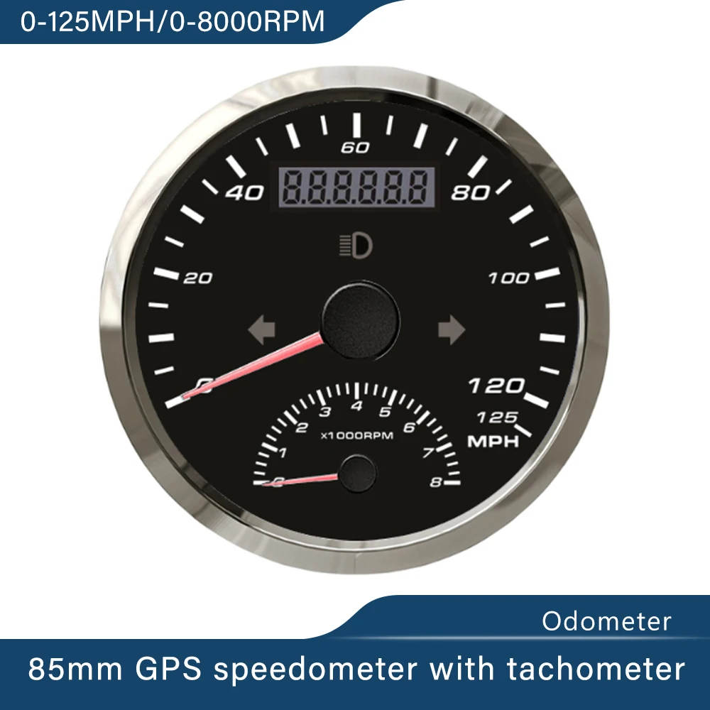 Waterproof Miles 85mm 125MPH GPS Speedometer 8K Engine Tachometer 0 8000RPM Odometer GPS Antenna