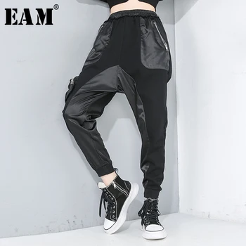 

[EAM] High Elastic Waist Black Pocket Split Long Harem Trousers New Loose Fit Pants Women Fashion Tide Spring Autumn 2020 1R181