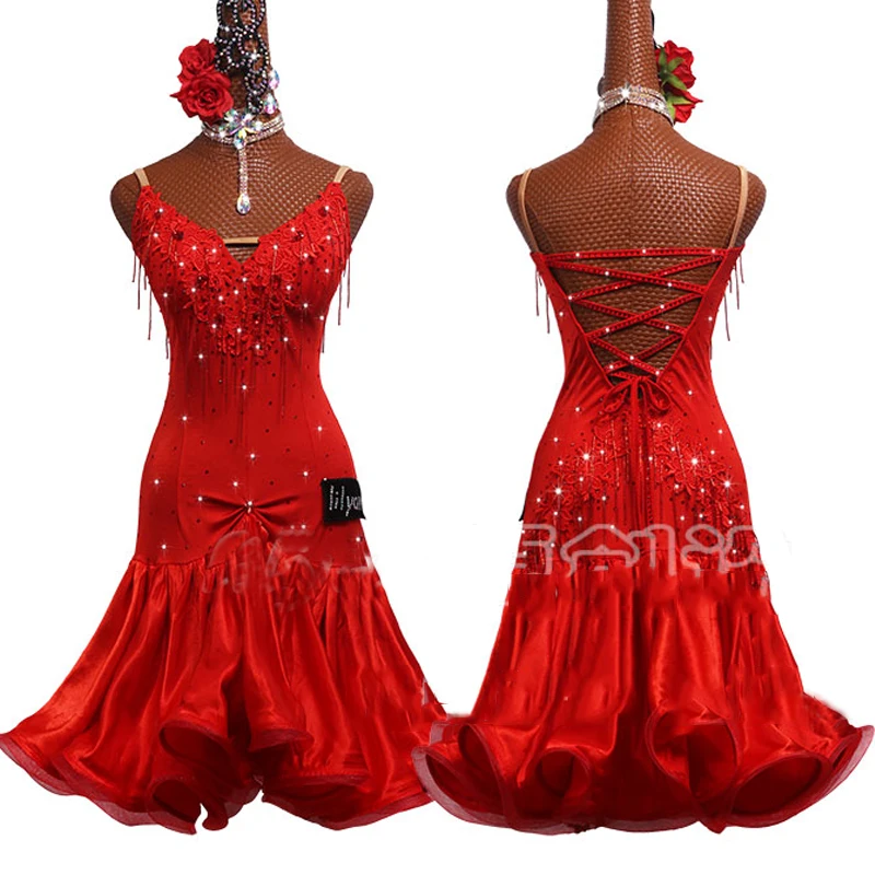 Hot Selling Latin Dance Competition Dresses Women Fringe Dress Prom Costume Celebration Red Customized | Тематическая одежда и