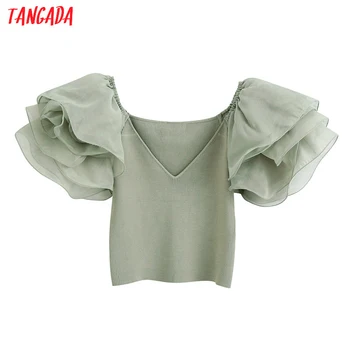 

Tangada women green crop shirt mesh patchwork short sleeve 2020 summer chic female sexy slim top BE522