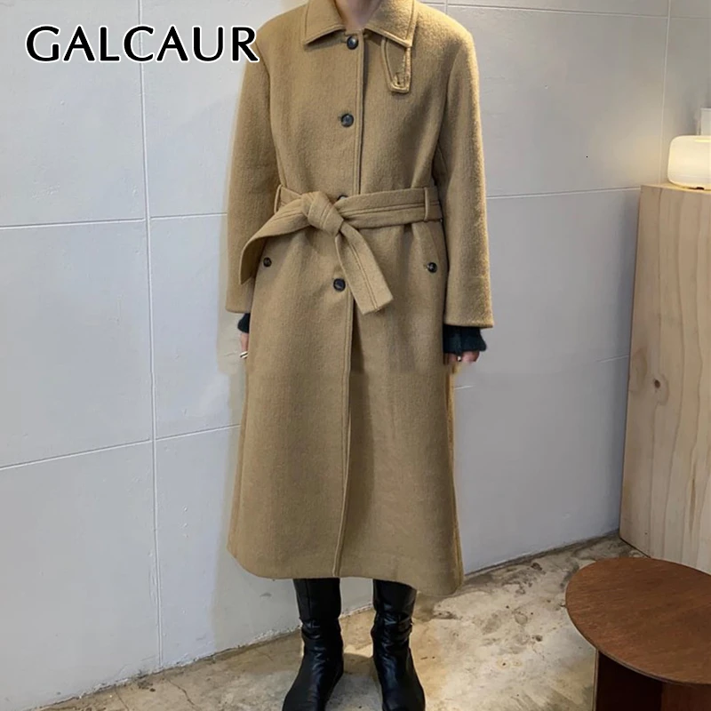 GALCAUR, корейское Женское шерстяное пальто на шнуровке, воротник с лацканами, длинный рукав, высокая талия, пояс, однобортное Женское пальто, мода, Новинка