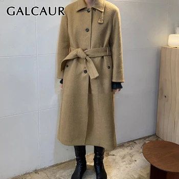

GALCAUR Korean Lace Up Womens Wool Coat Lapel Collar Long Sleeve High Waist Sashes Single Breasted Female Coats 2020 Fashion New