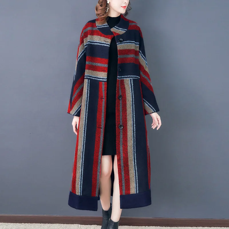 [EWQ] Autumn Winter New Pattern High Quality Hit Colors Stand Collar Single Breasted Vintage Woolen Overcoat Women AH91103