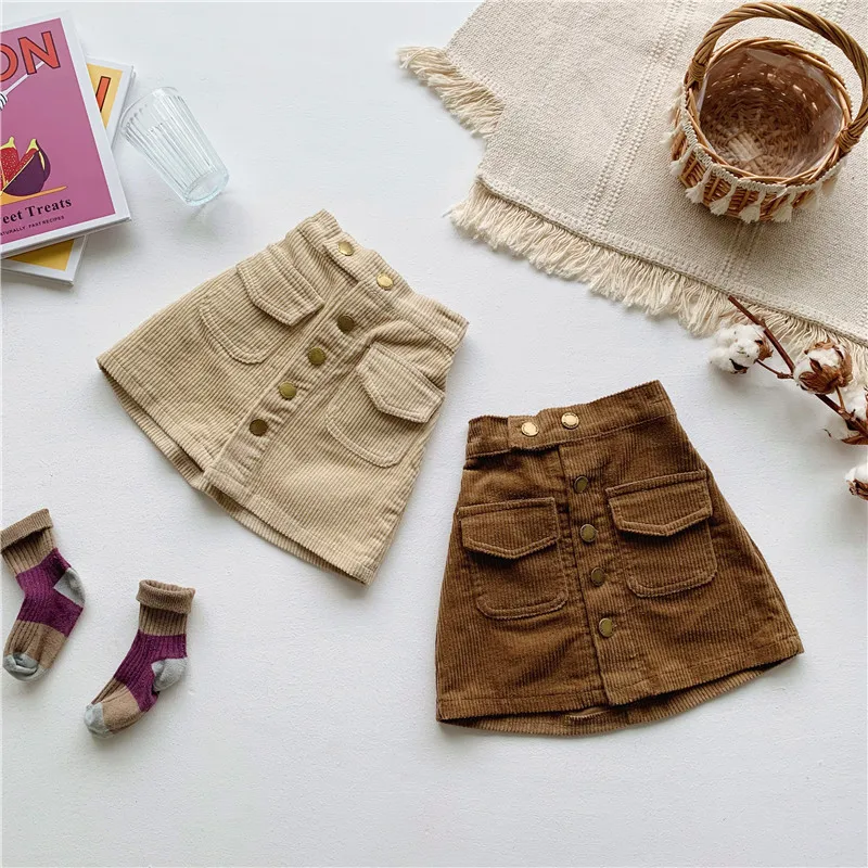 

2019 Autumn New Arrival Korean style pure color all-match corduroy skirt with snap buttons for fashion cute sweet baby girls