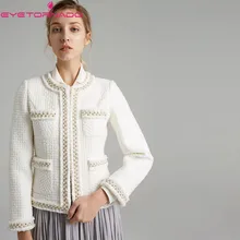 Женский короткий твидовый жакет с белым жемчугом и бисером, круглый вырез, длинный рукав, карман, повседневное, для работы, бизнес, шерстяное пальто, осенняя верхняя одежда, E6708