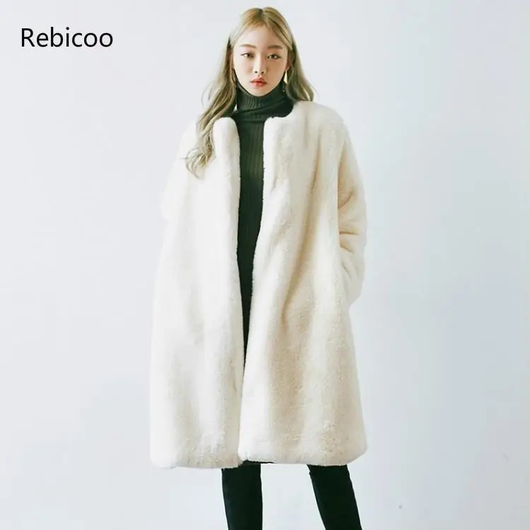 

Winter Fashion New High Quality Imitation Faux Rabbit Fur Coat Long Fur Coat Female Loose Thick Warm Mink Fur Coat