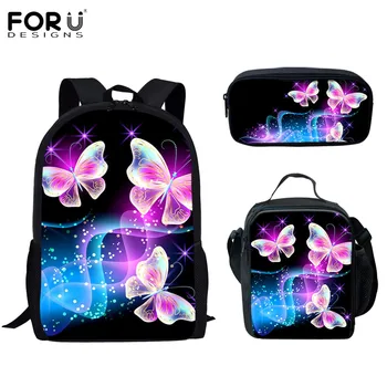 

FORUDESIGNS Girls Shoulder Backpack Sets 3D Beatuy Butterflies Pattern Satchels Kids/Teenagers Black Canvas Schoolbag Sac a Dos