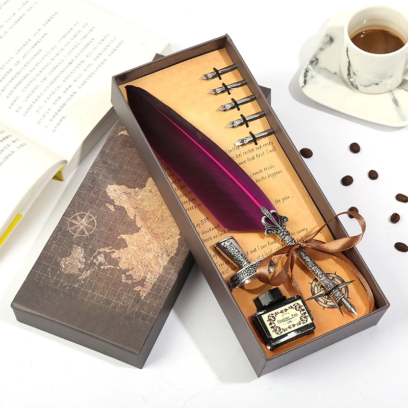 Cool Stationery Set Feather Quill Pen and Ink Set Fountain Pens Vintage Pen for Office Supplies for Girlfriend 