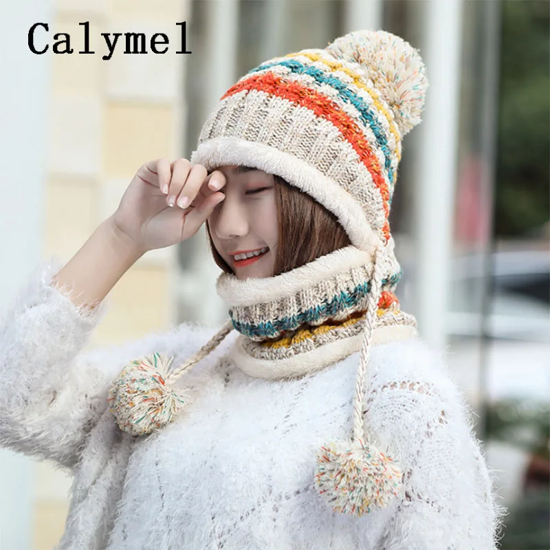 Calymel, женская шапка, цветная шапочка, цельная шапка, шарф, шерсть, шар, милый бархат, утолщенная, модная зимняя шапка, вязаный шейный платок