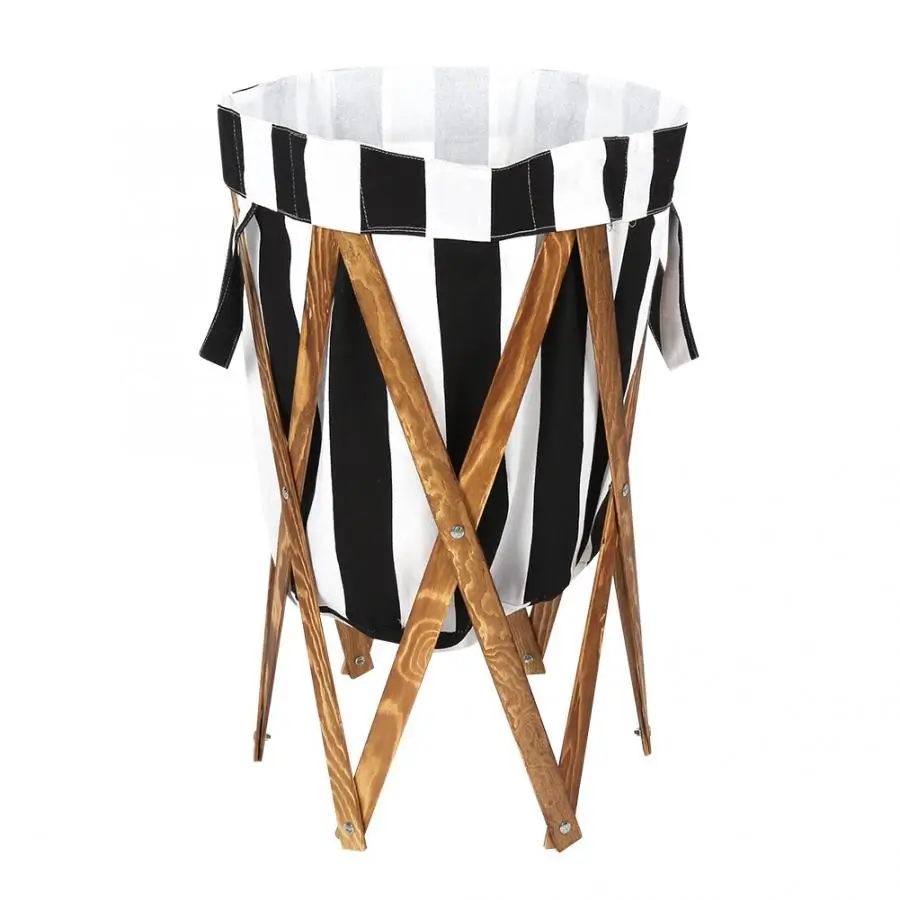 Foldable Laundry Hamper Basket with Wooden Frame Dirty Clothes Bag for Home Use - Цвет: Stripe